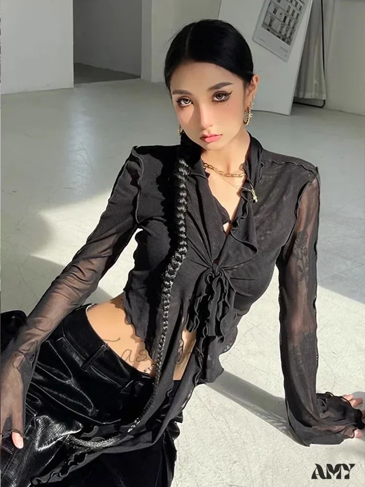 Long Flare Sleeve Lace-up Mesh Sexy Sweet Elegant Casual Blouse - Image 3
