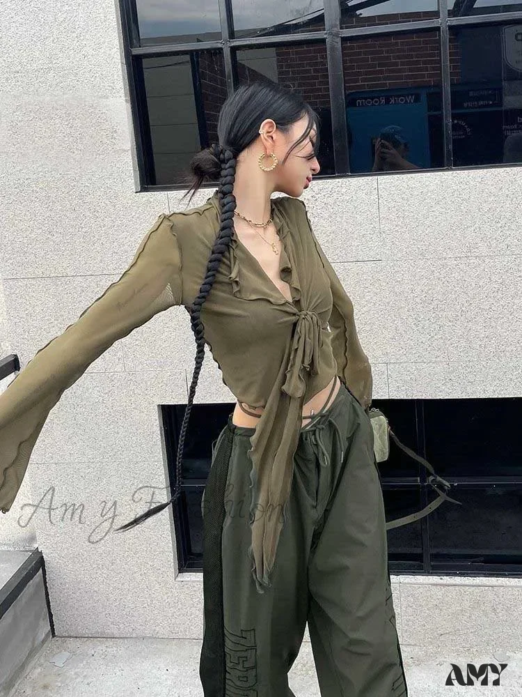 Long Flare Sleeve Lace-up Mesh Sexy Sweet Elegant Casual Blouse - Image 4