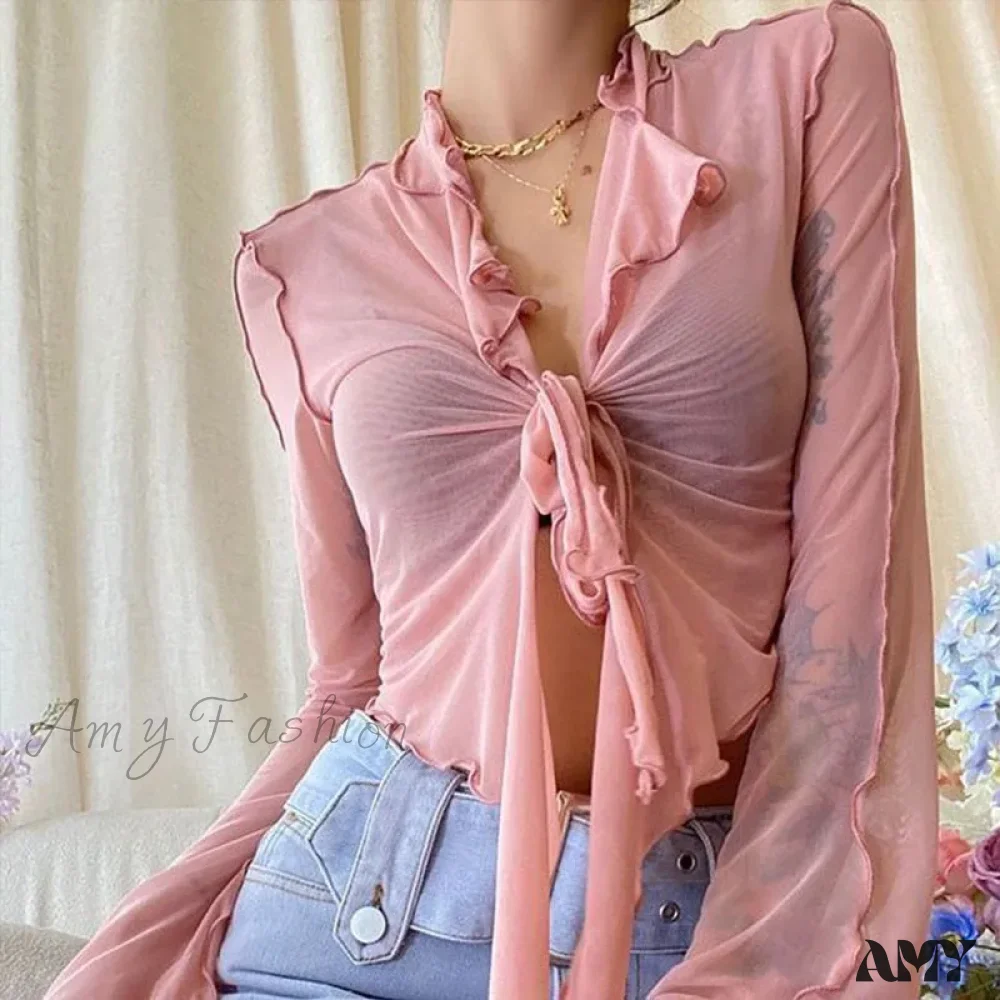Long Flare Sleeve Lace-up Mesh Sexy Sweet Elegant Casual Blouse - Image 6