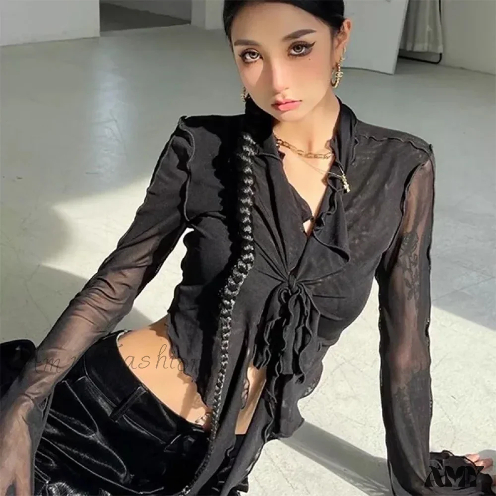 Long Flare Sleeve Lace-up Mesh Sexy Sweet Elegant Casual Blouse - Image 7