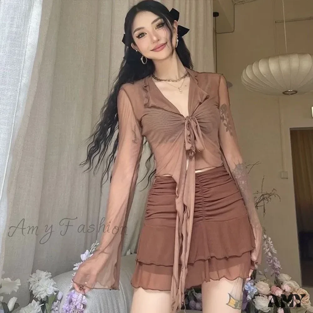 Long Flare Sleeve Lace-up Mesh Sexy Sweet Elegant Casual Blouse - Image 8