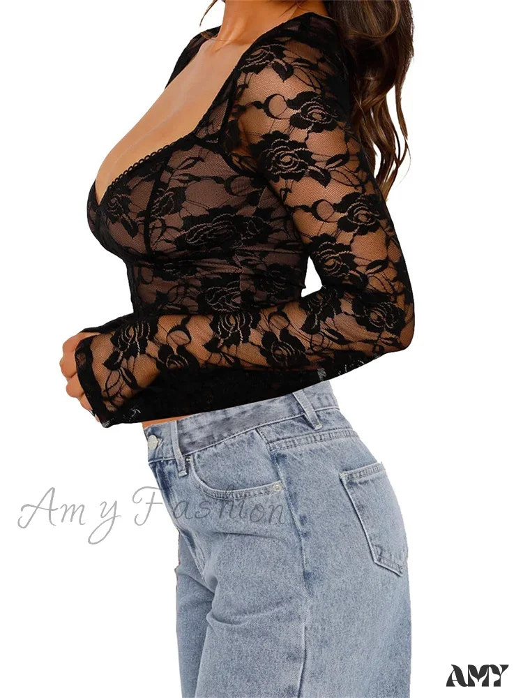 Amy Fashion - Long Sleeve Casual Lace Floral Mesh Sheer Pullover T-shirts - Image 3
