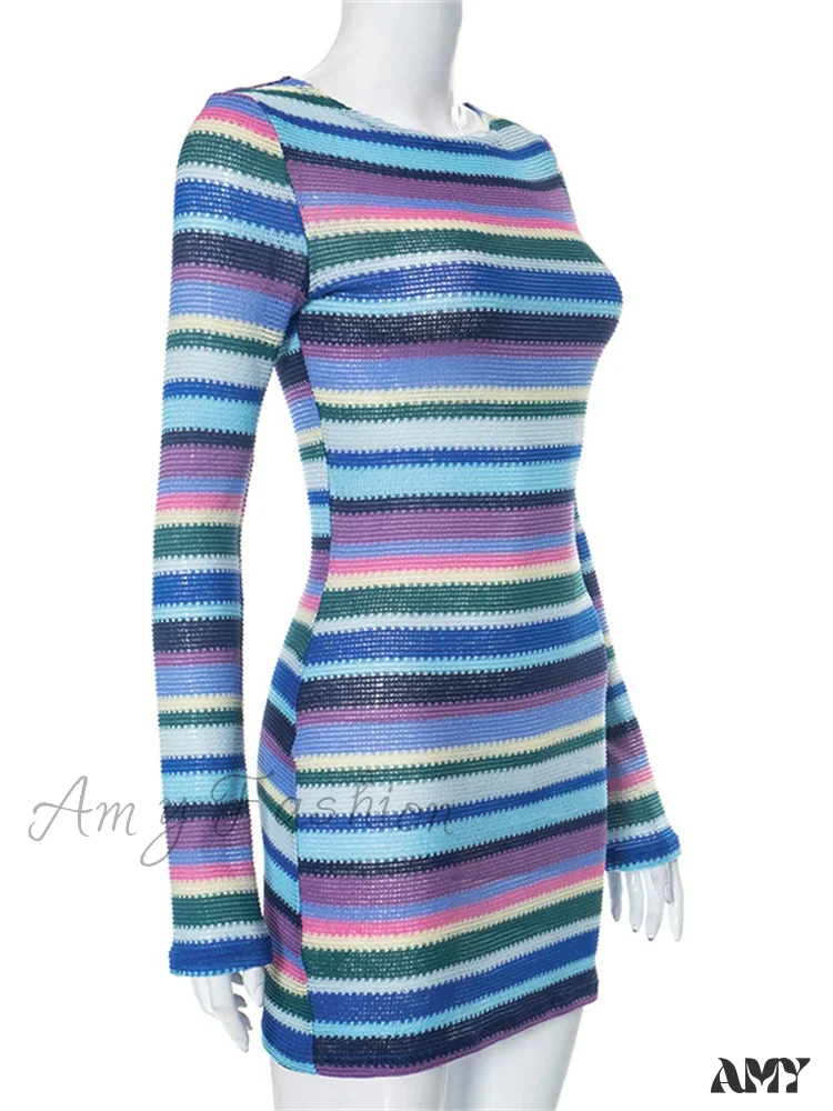 Amy Fashion - Long Sleeve Casual Striped Backless Fall Party Mini Dress - Image 3