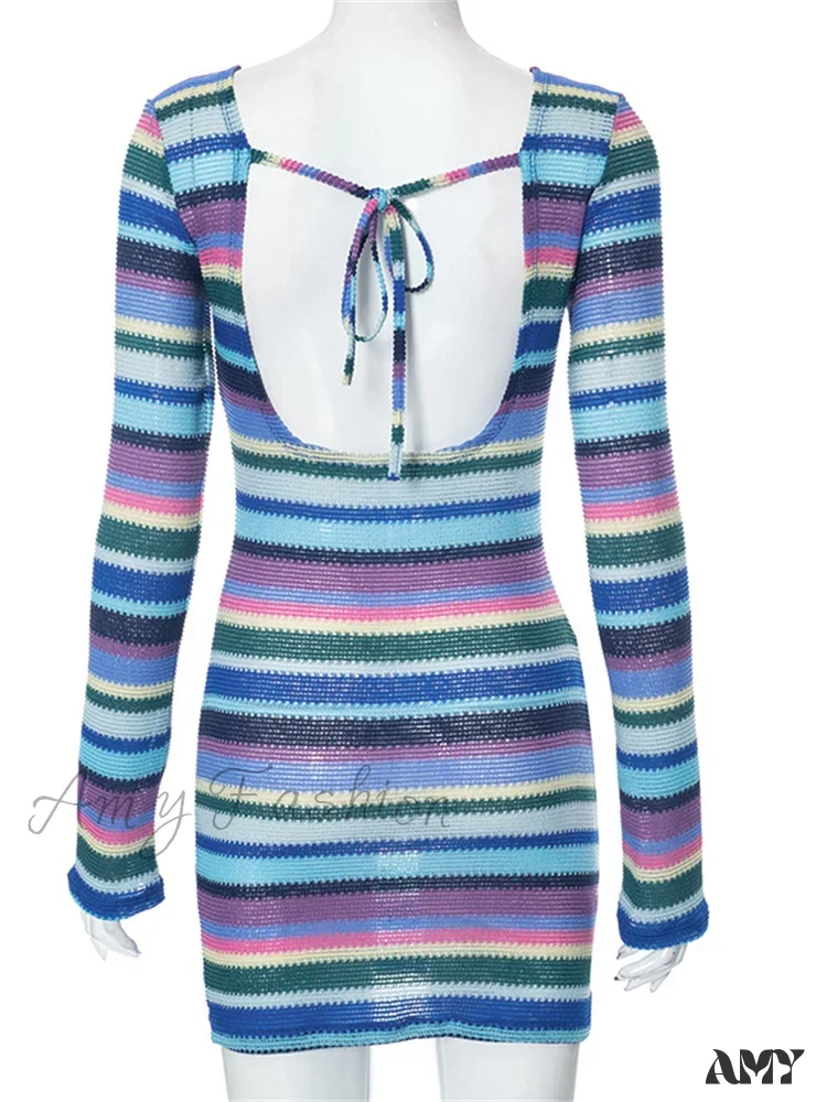 Amy Fashion - Long Sleeve Casual Striped Backless Fall Party Mini Dress - Image 4