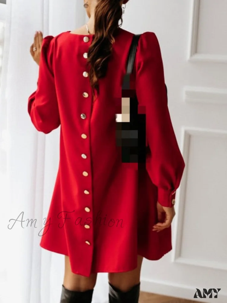 Amy Fashion - Long Sleeve Loose O-neck Button Solid A-line Elegant Dresses - Image 6