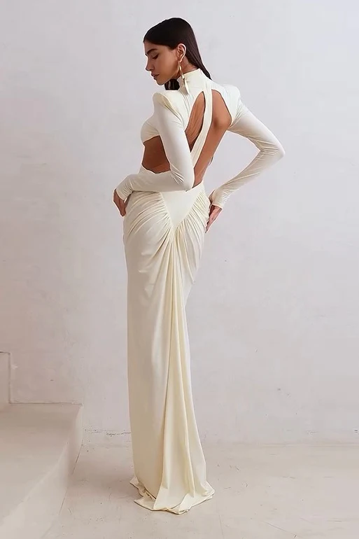 Long-Sleeve Ruched Color-Block Cutout Waist Slim Party Dress - Image 2