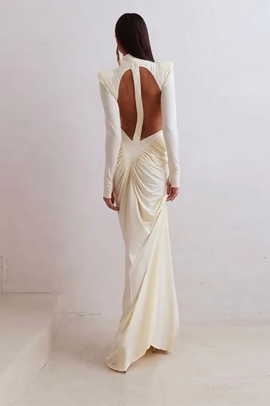 Long-Sleeve Ruched Color-Block Cutout Waist Slim Party Dress - Image 3