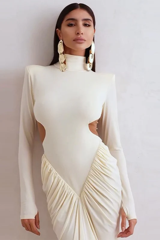 Long-Sleeve Ruched Color-Block Cutout Waist Slim Party Dress - Image 4