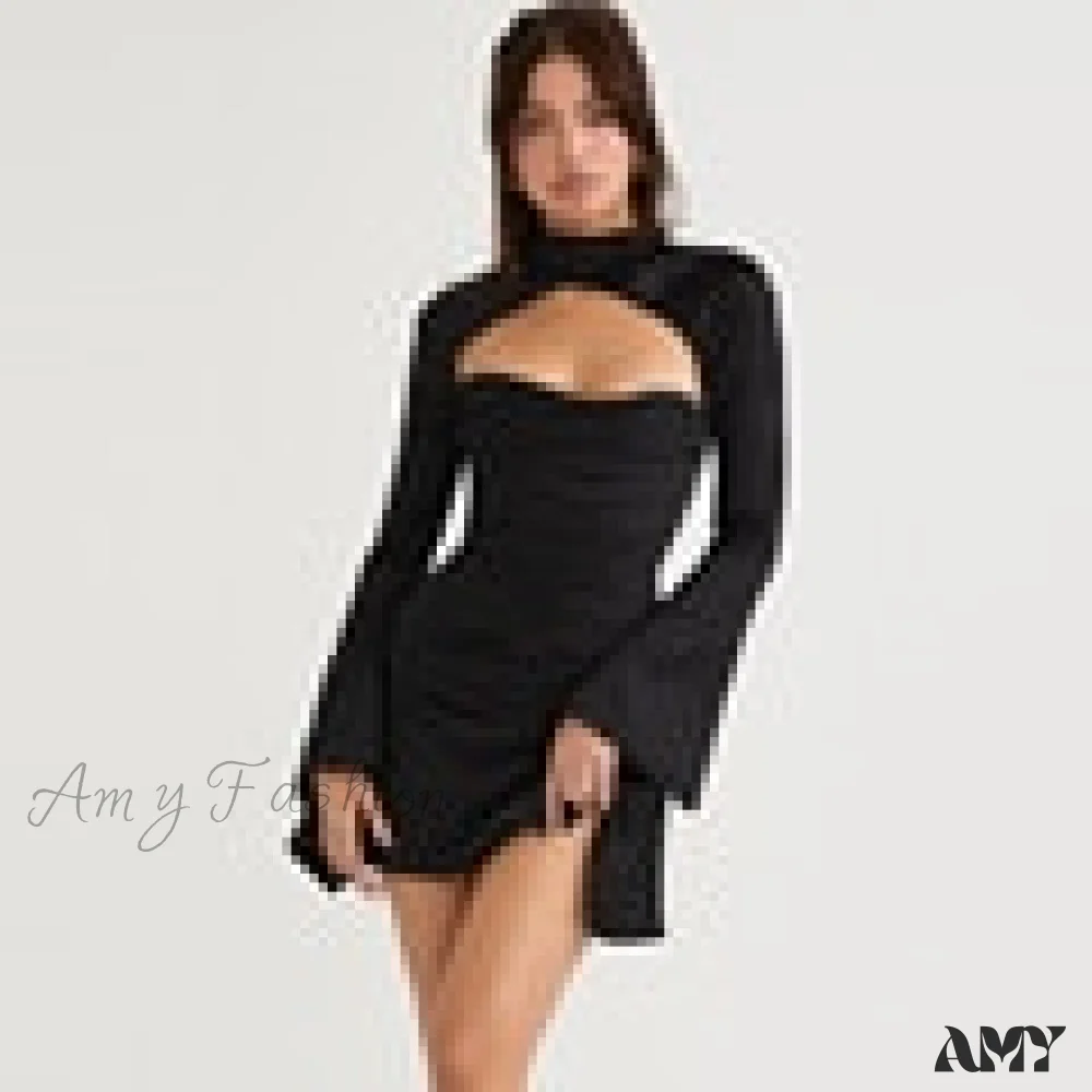 Amy Fashion - Long Sleeve Satin  Night Party Draped Mini  Dress - Image 4
