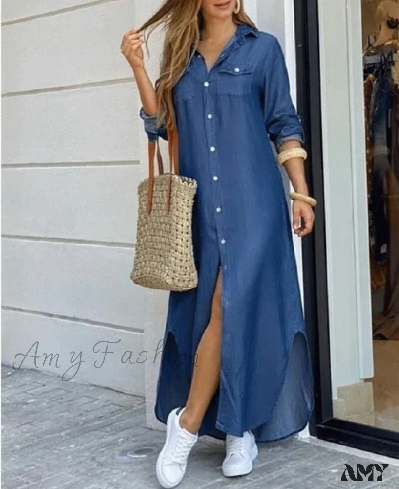 Amy Fashion - Long Sleeve Shirt Denim Long Dress - Image 6