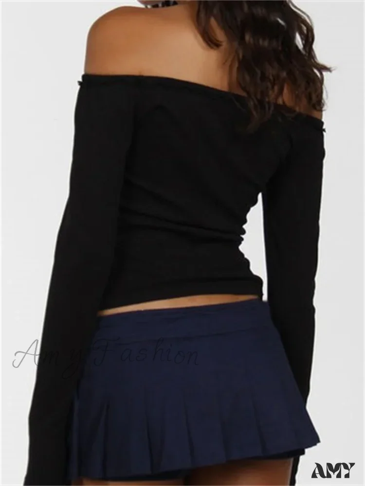 Amy Fashion - Long Sleeve Slash Neck Bow Patchwork T-Shirts - Image 2