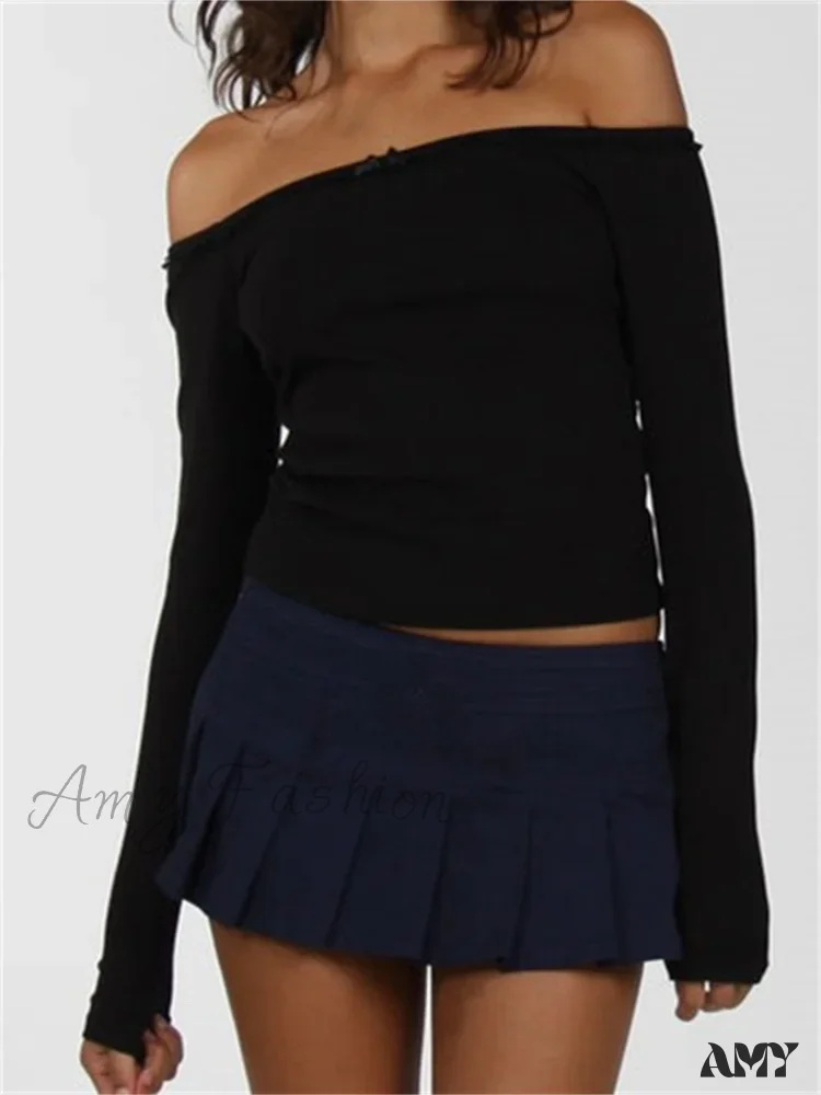 Amy Fashion - Long Sleeve Slash Neck Bow Patchwork T-Shirts - Image 7