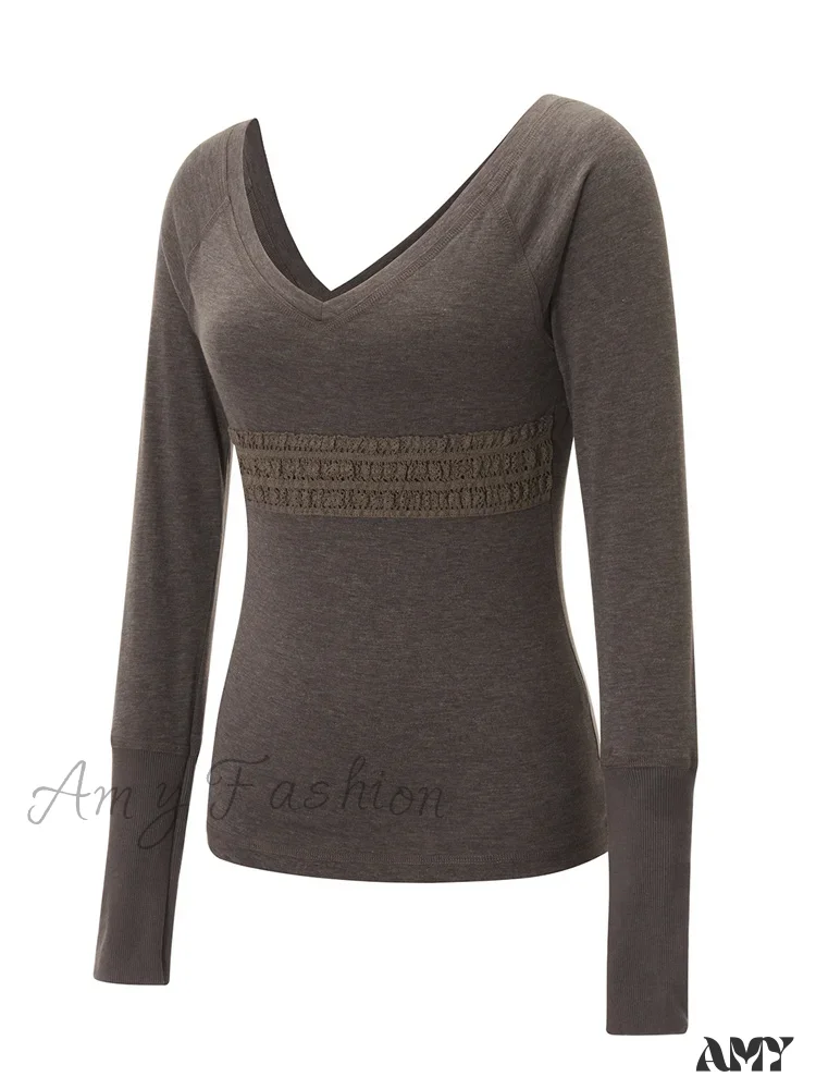 Amy Fashion - Long Sleeve Slim Fit V-neck Vintage V-neck T-shirts - Image 3