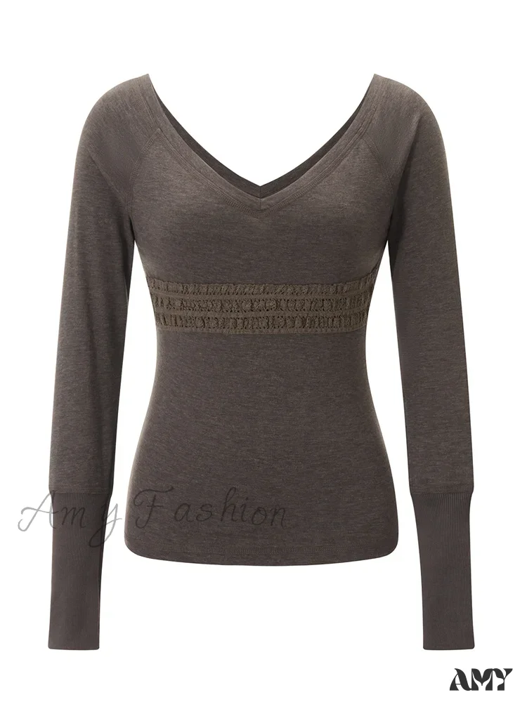 Amy Fashion - Long Sleeve Slim Fit V-neck Vintage V-neck T-shirts - Image 5