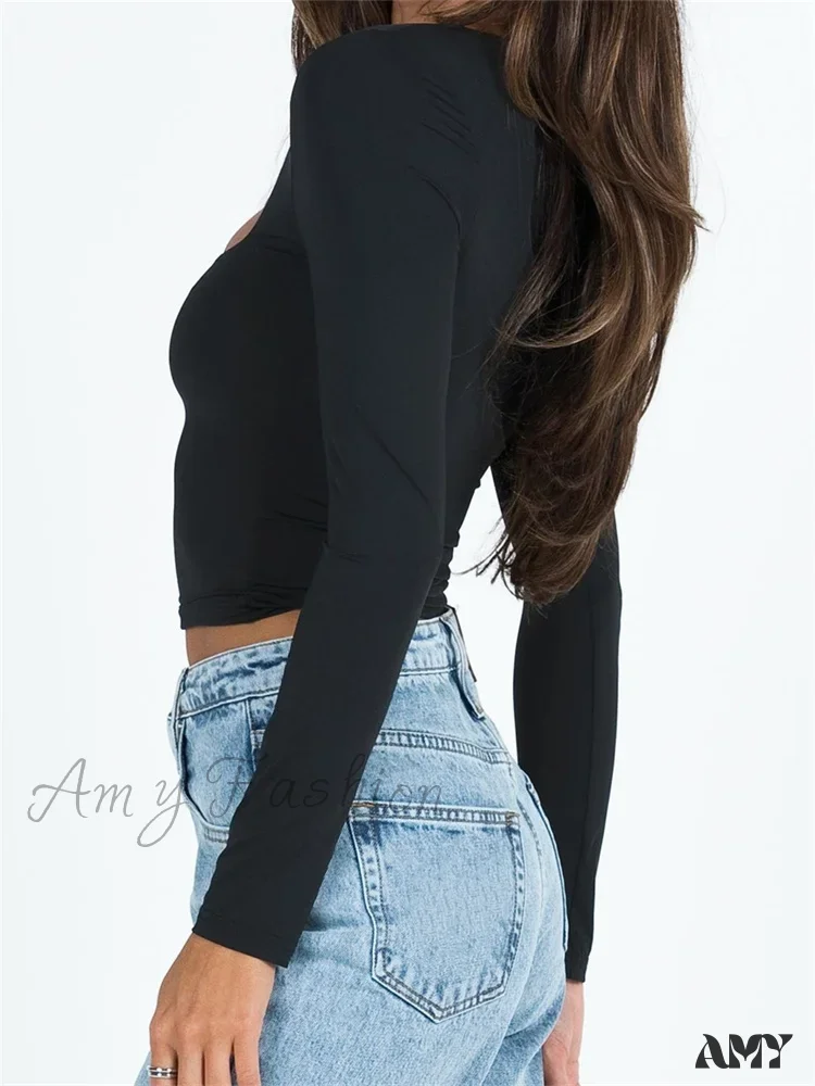 Amy Fashion - Long Sleeve Square Neck Colorful Slim Fit T-shirts - Image 3