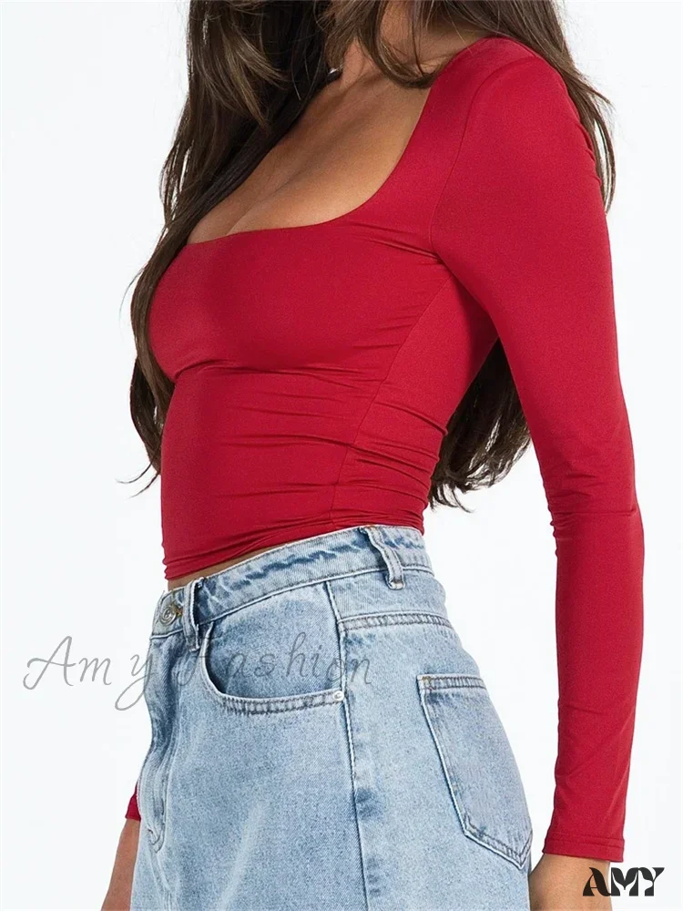 Amy Fashion - Long Sleeve Square Neck Colorful Slim Fit T-shirts - Image 4