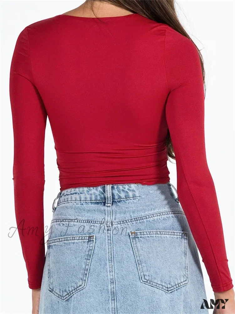 Amy Fashion - Long Sleeve Square Neck Colorful Slim Fit T-shirts - Image 5