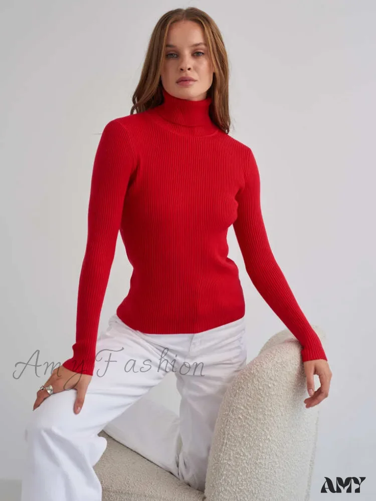 Long Sleeves Mock Turtleneck Basic Stretch Fitting Slim Sweater - Image 10