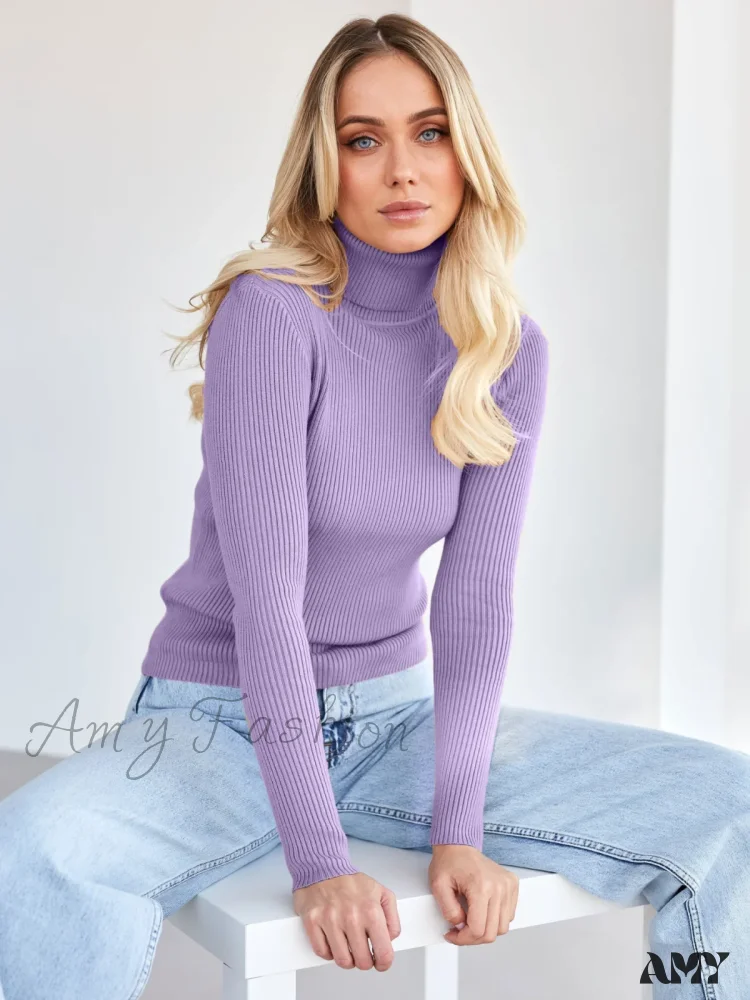 Long Sleeves Mock Turtleneck Basic Stretch Fitting Slim Sweater - Image 2