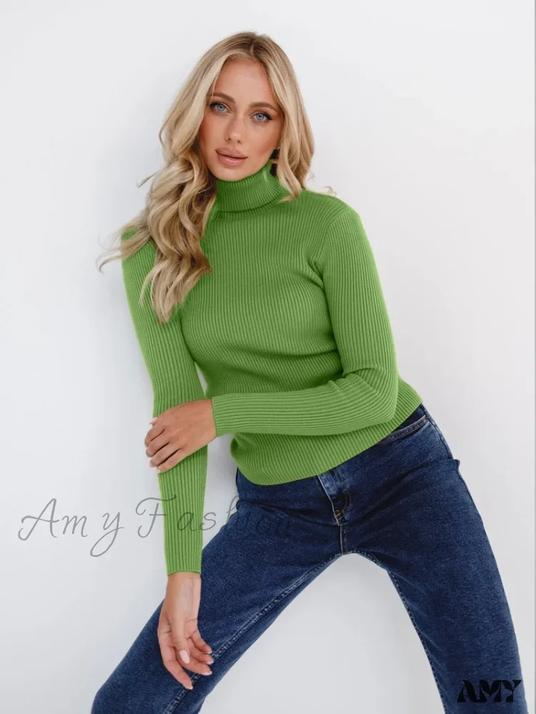 Long Sleeves Mock Turtleneck Basic Stretch Fitting Slim Sweater - Image 3