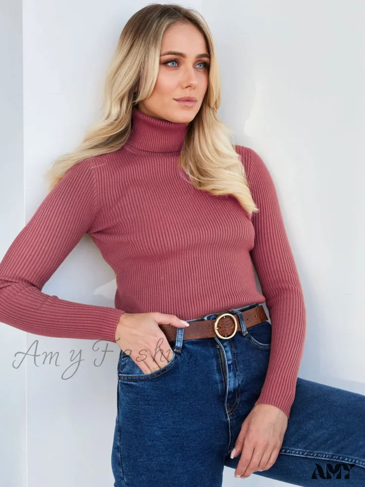 Long Sleeves Mock Turtleneck Basic Stretch Fitting Slim Sweater - Image 4
