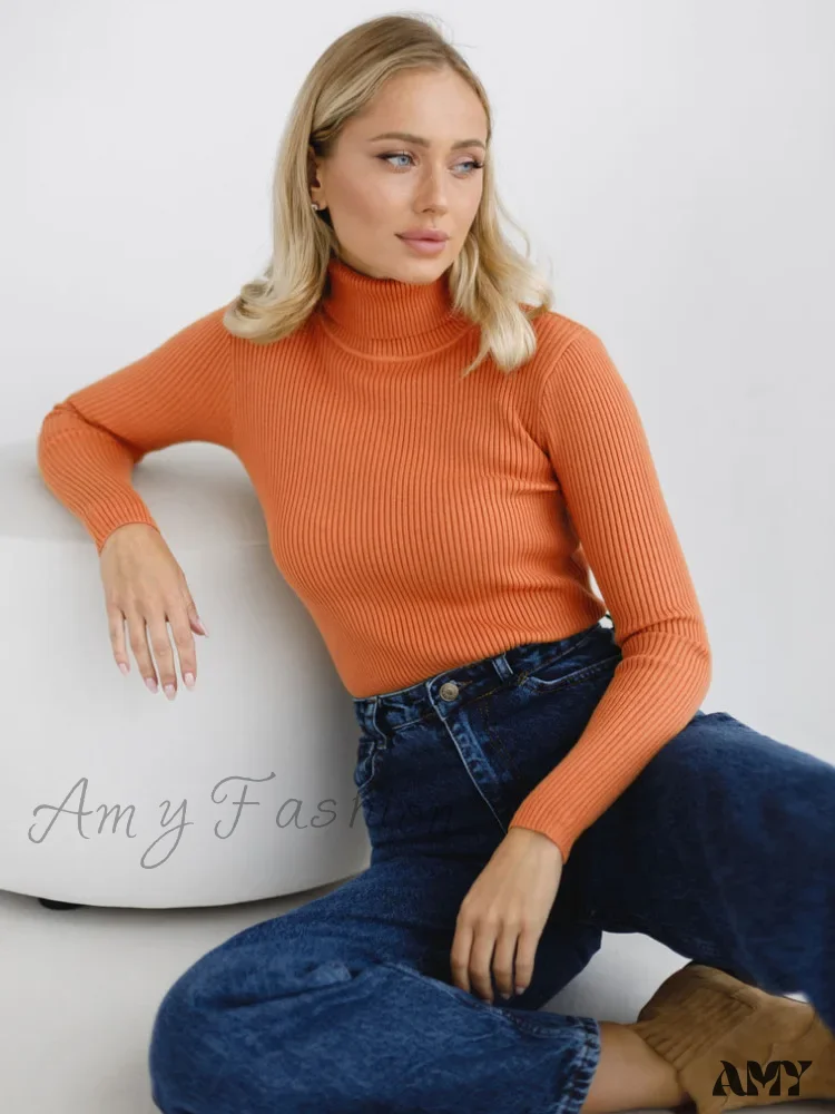 Long Sleeves Mock Turtleneck Basic Stretch Fitting Slim Sweater - Image 5