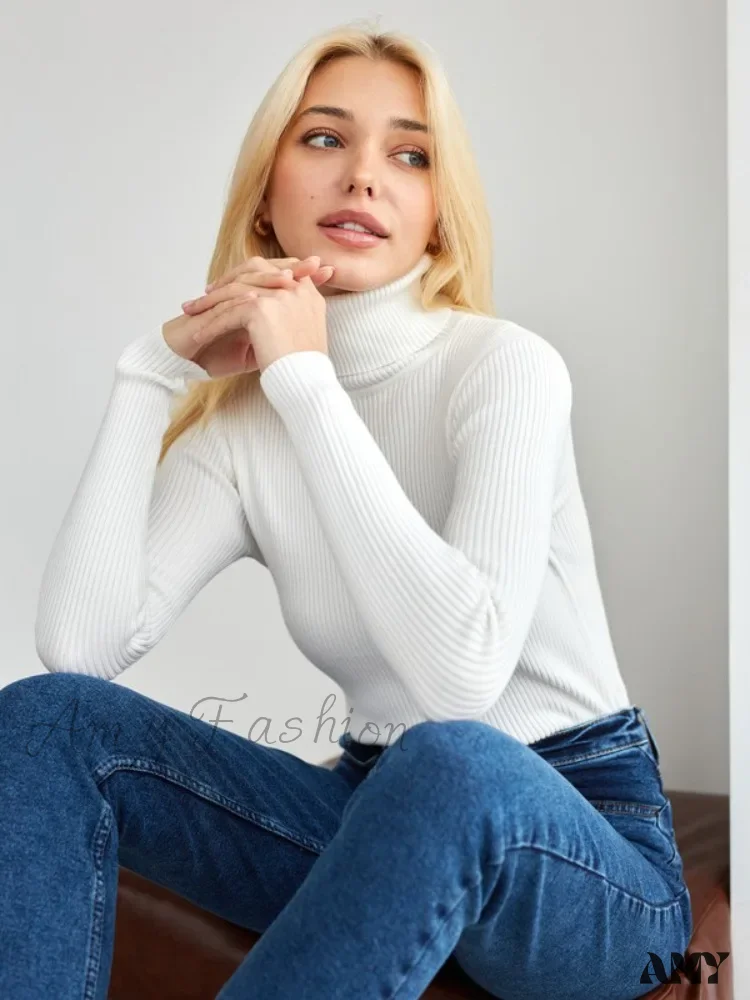 Long Sleeves Mock Turtleneck Basic Stretch Fitting Slim Sweater - Image 6