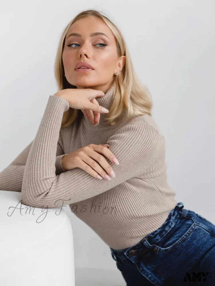 Long Sleeves Mock Turtleneck Basic Stretch Fitting Slim Sweater - Image 7