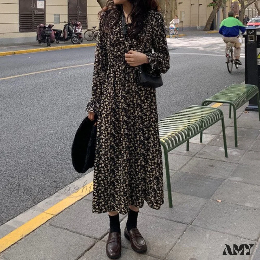 Amy Fashion - Long High Waist Collar Printed Floral Casual Dress - Image 2