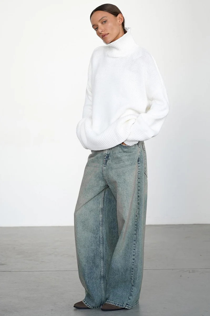 Loose Fit Solid Turtleneck Euro Knit Sweater - Image 2