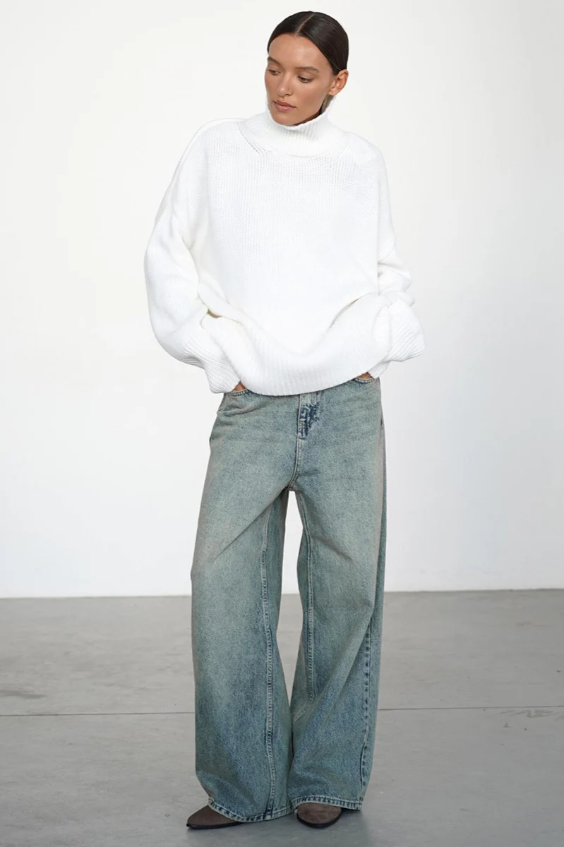 Loose Fit Solid Turtleneck Euro Knit Sweater - Image 3