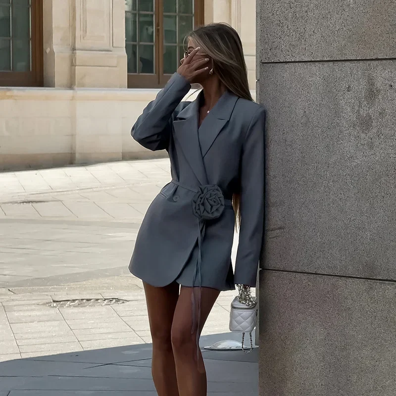 Loose Flower Belt Pocket Blazer Coat - Image 3