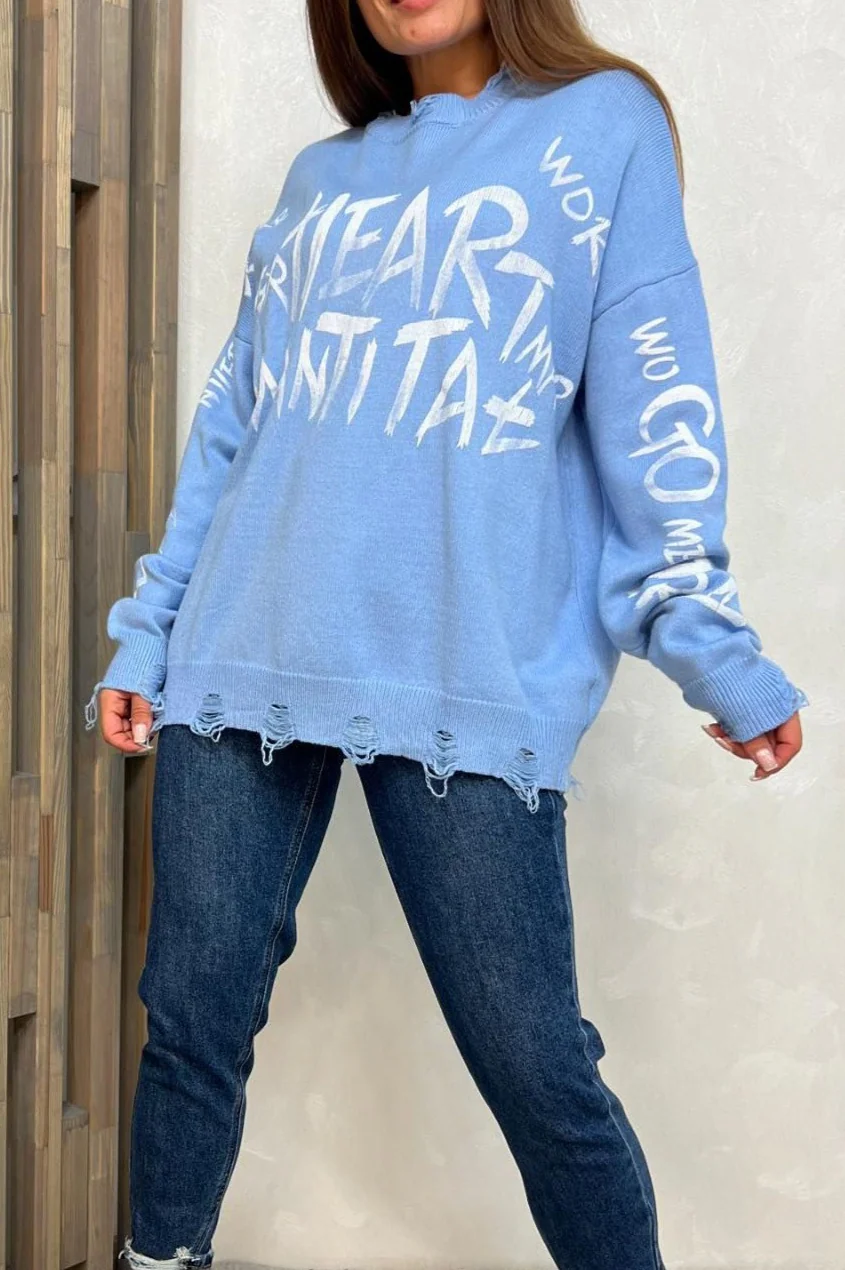 Loose Graffiti Letter Print Mid-Length Knit Sweater - Image 2