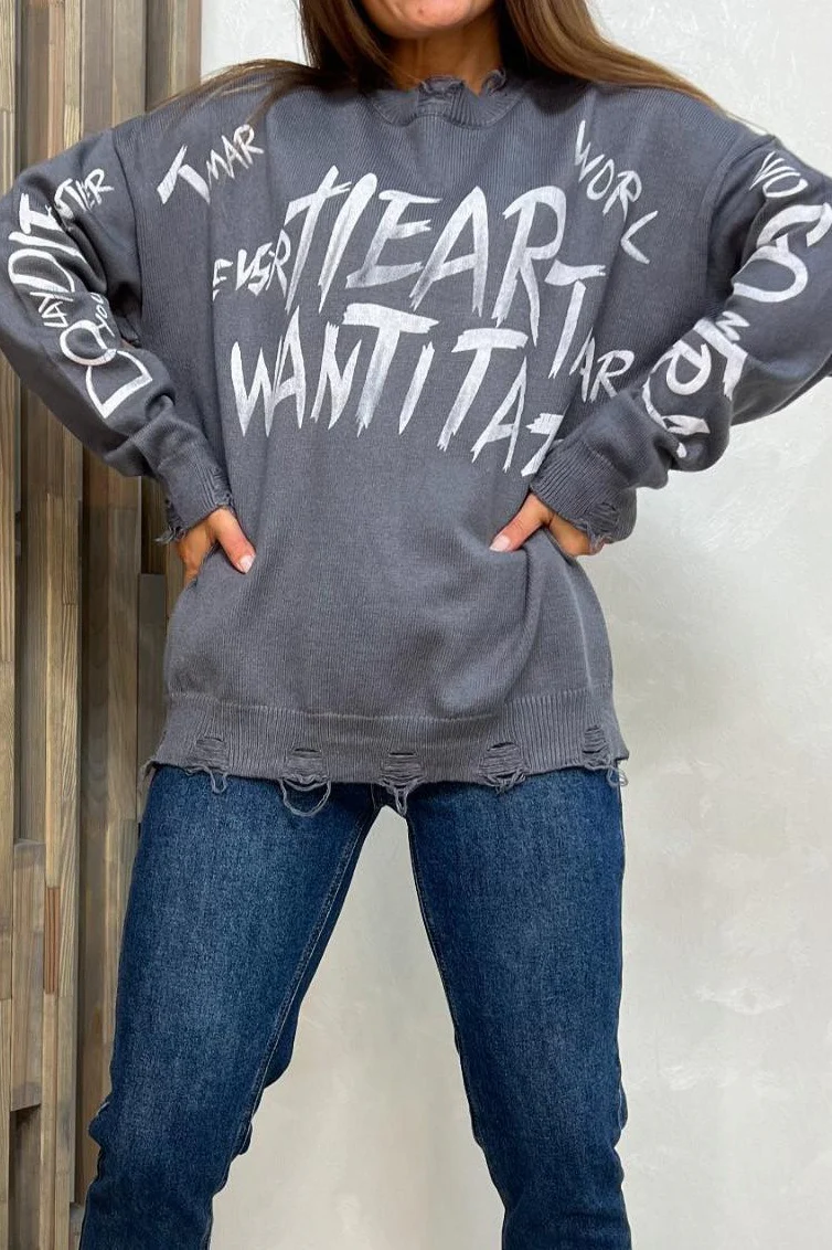 Loose Graffiti Letter Print Mid-Length Knit Sweater - Image 3
