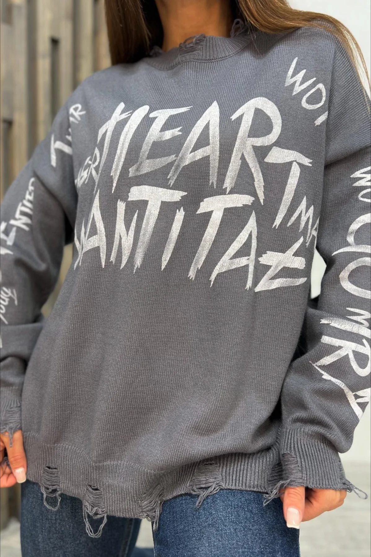 Loose Graffiti Letter Print Mid-Length Knit Sweater - Image 4