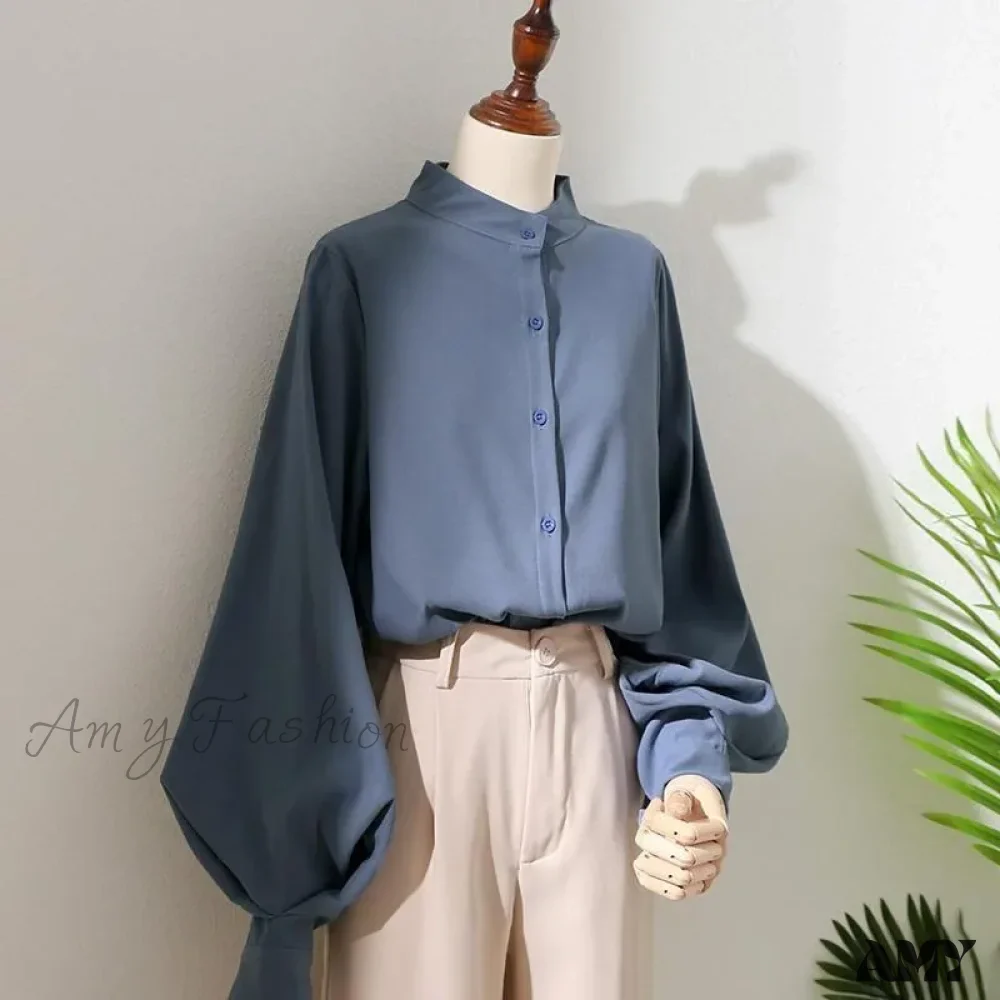 Loose Korean Office Ladies Fashion Button Up Lantern Stand Collar Tops Blouse - Image 2