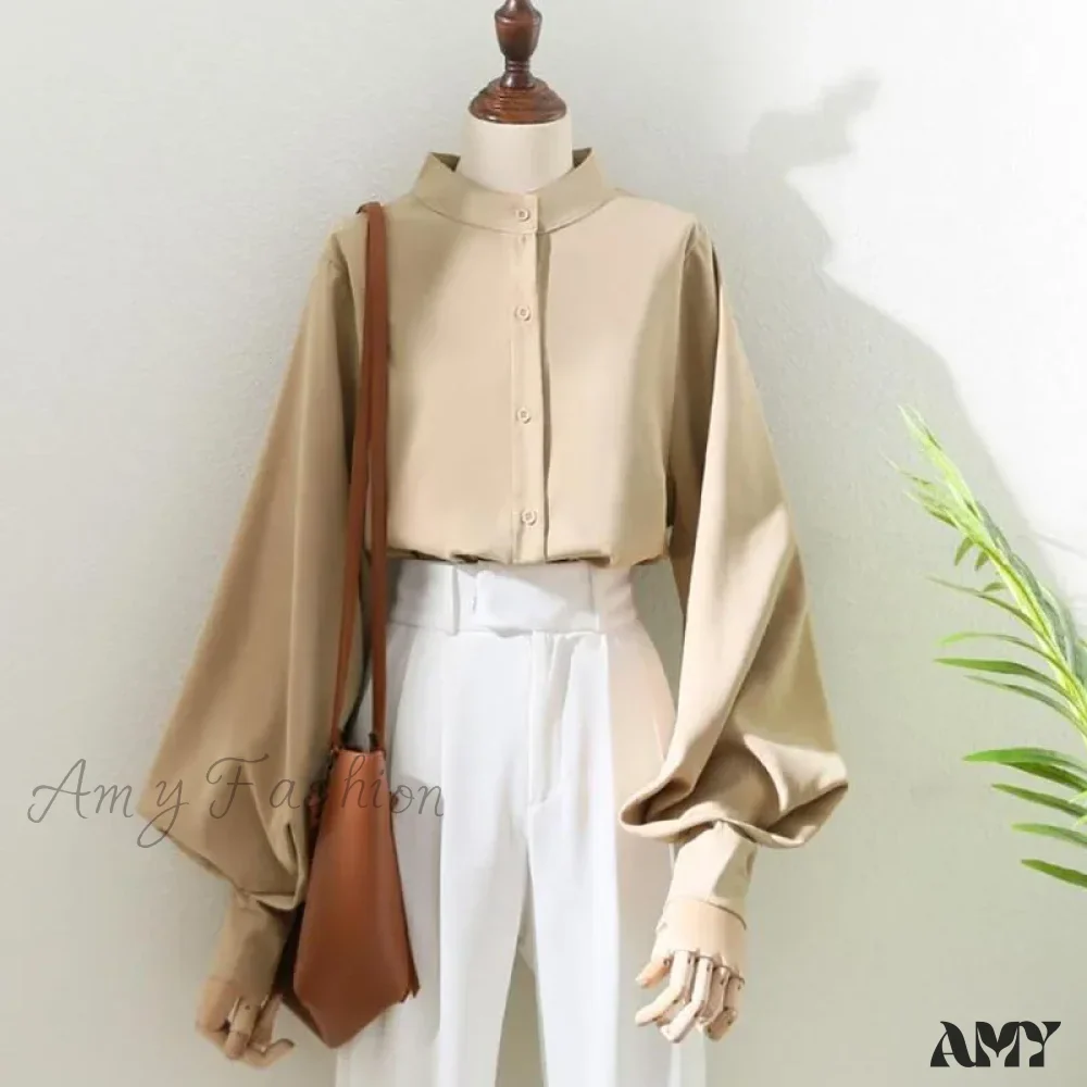 Loose Korean Office Ladies Fashion Button Up Lantern Stand Collar Tops Blouse - Image 3