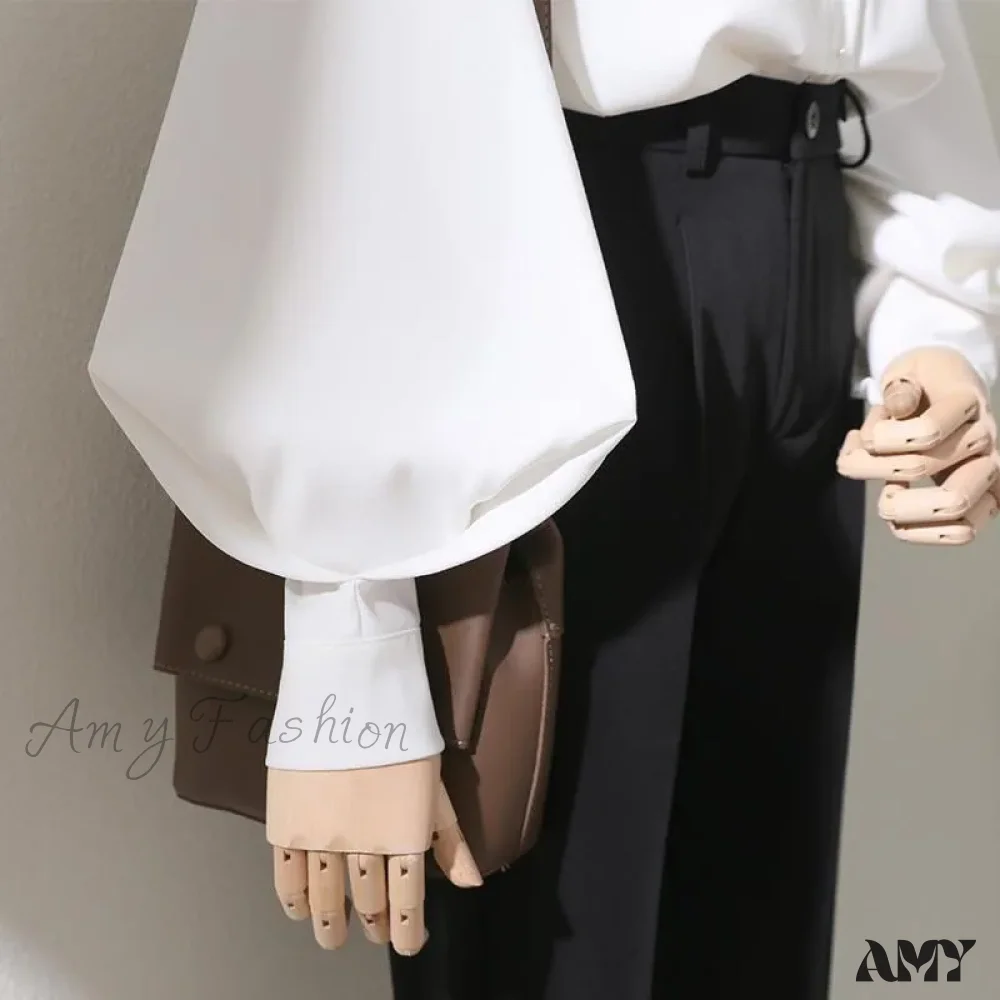 Loose Korean Office Ladies Fashion Button Up Lantern Stand Collar Tops Blouse - Image 4