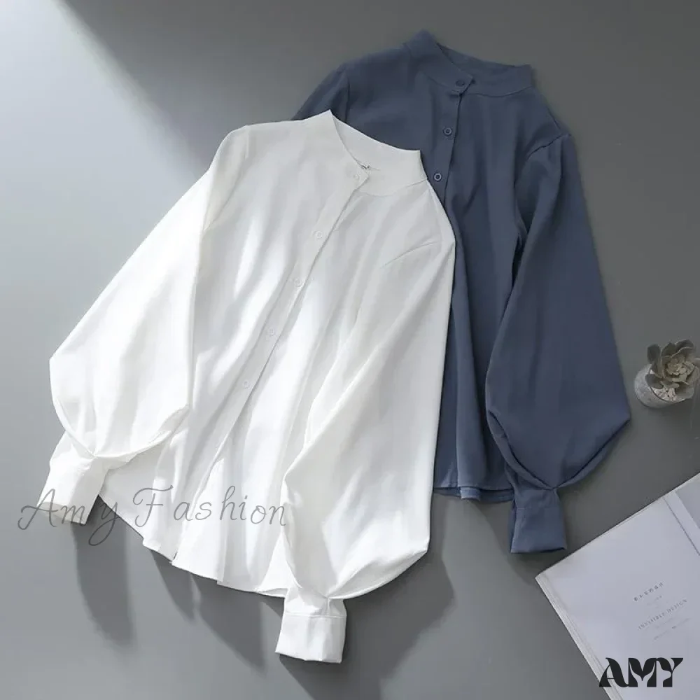 Loose Korean Office Ladies Fashion Button Up Lantern Stand Collar Tops Blouse - Image 5