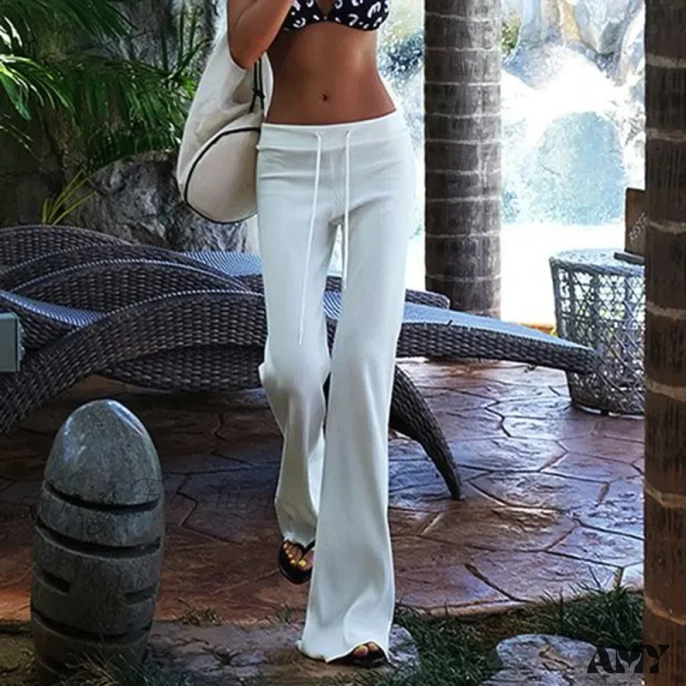 Loose Little Flare Solid White Casual Super Soft Pants - Image 2