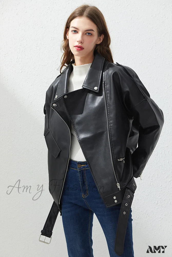 Amy Fashion - Loose Sashes Casual Biker Outwear Coat - Image 2