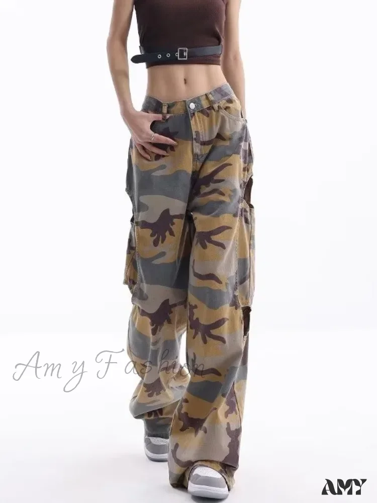 Amy Fashion - Loose Splashed Ink Speaker Camouflage Pants Trendy Hip-Hop Vintage Versatile Work Clothes Pants Wide Leg Pants Women's Jean - Image 2