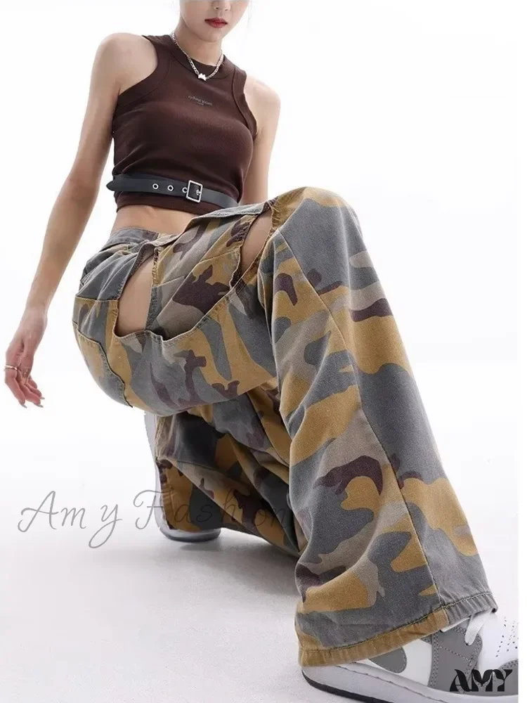 Amy Fashion - Loose Splashed Ink Speaker Camouflage Pants Trendy Hip-Hop Vintage Versatile Work Clothes Pants Wide Leg Pants Women's Jean - Image 3