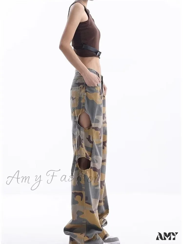 Amy Fashion - Loose Splashed Ink Speaker Camouflage Pants Trendy Hip-Hop Vintage Versatile Work Clothes Pants Wide Leg Pants Women's Jean - Image 4