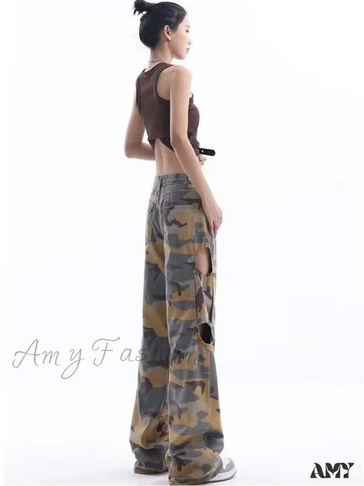 Amy Fashion - Loose Splashed Ink Speaker Camouflage Pants Trendy Hip-Hop Vintage Versatile Work Clothes Pants Wide Leg Pants Women's Jean - Image 5