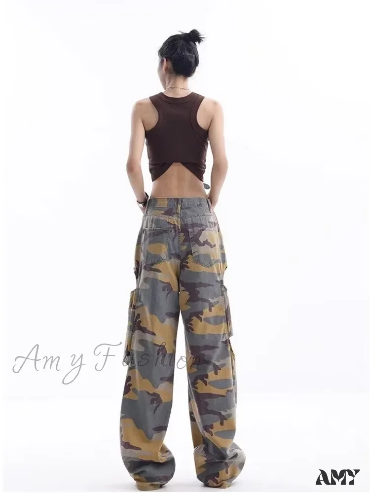 Amy Fashion - Loose Splashed Ink Speaker Camouflage Pants Trendy Hip-Hop Vintage Versatile Work Clothes Pants Wide Leg Pants Women's Jean - Image 6