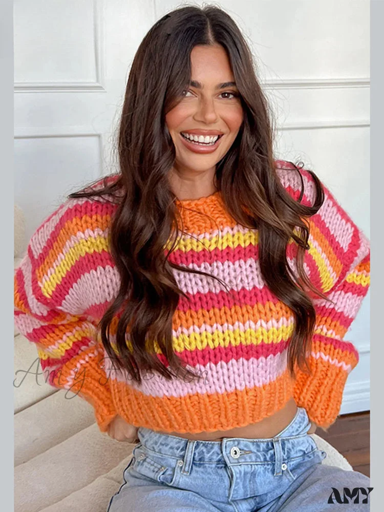 Loose Stripe Knitted Women Long Sleeve Oversize Short Hollow Out Sweater - Image 2