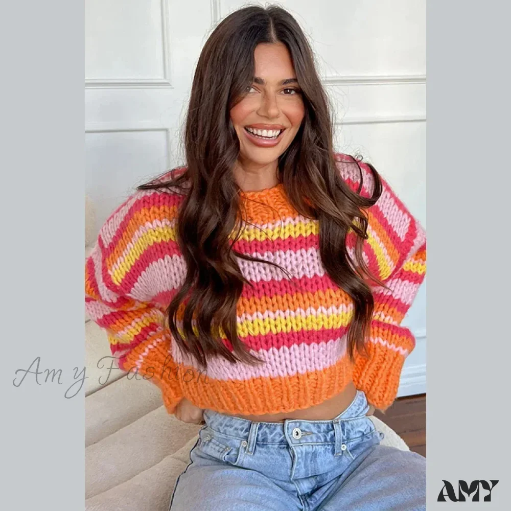 Loose Stripe Knitted Women Long Sleeve Oversize Short Hollow Out Sweater - Image 6