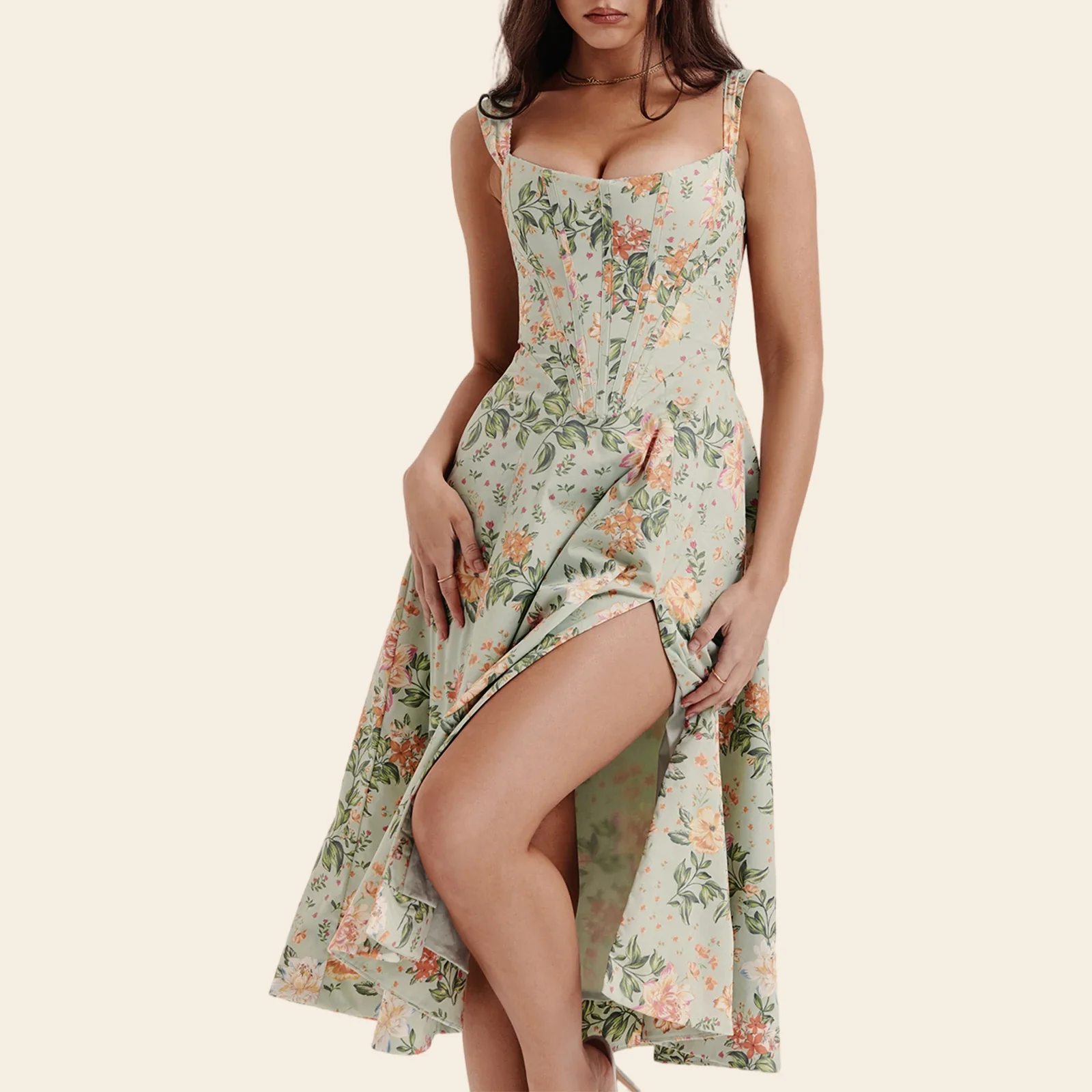 Low Cut A-Line Slit Floral Dress - Image 2