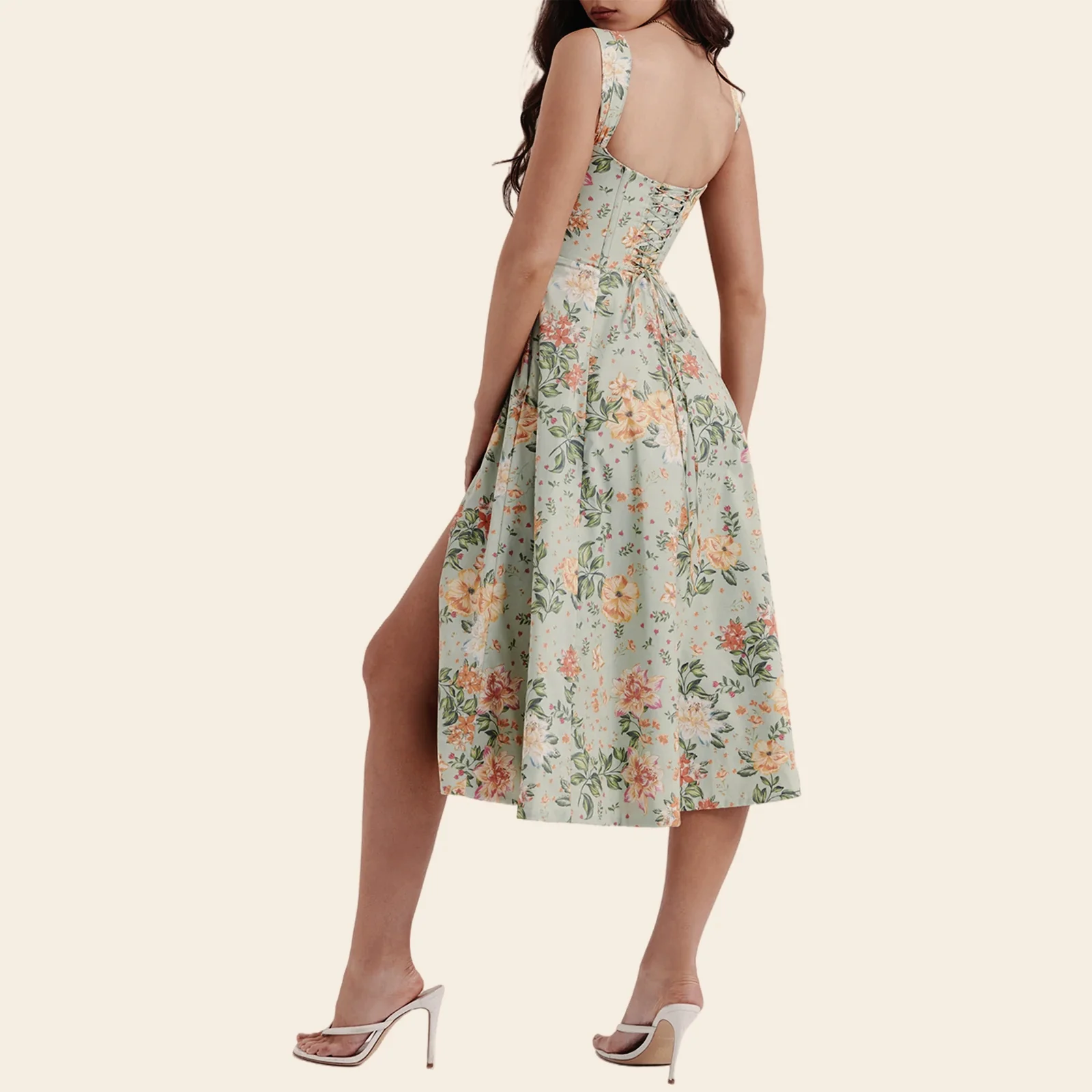 Low Cut A-Line Slit Floral Dress - Image 3